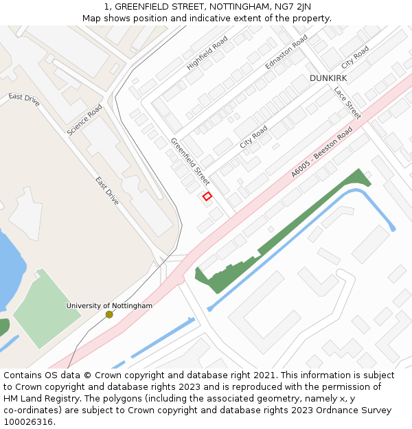 1, GREENFIELD STREET, NOTTINGHAM, NG7 2JN: Location map and indicative extent of plot