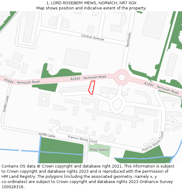 1, LORD ROSEBERY MEWS, NORWICH, NR7 0GX: Location map and indicative extent of plot