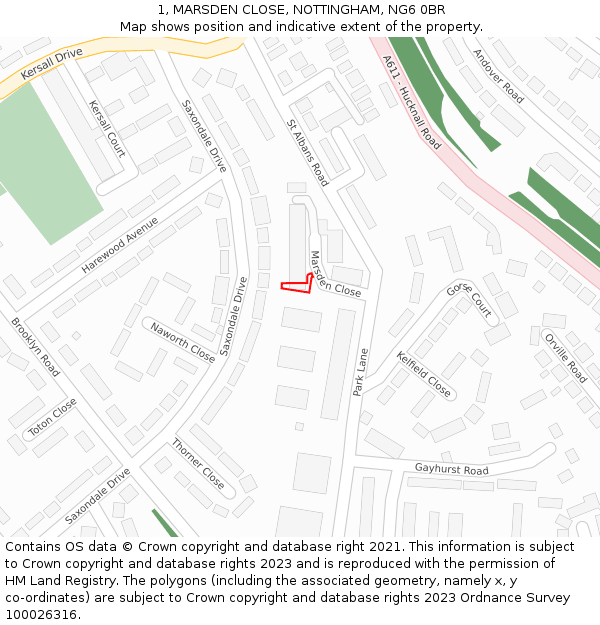 1, MARSDEN CLOSE, NOTTINGHAM, NG6 0BR: Location map and indicative extent of plot