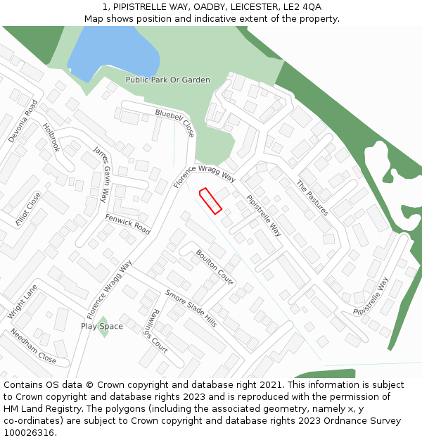 1, PIPISTRELLE WAY, OADBY, LEICESTER, LE2 4QA: Location map and indicative extent of plot