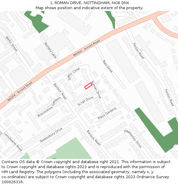 1, ROMAN DRIVE, NOTTINGHAM, NG6 0NX: Location map and indicative extent of plot