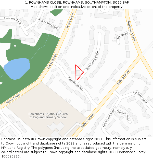 1, ROWNHAMS CLOSE, ROWNHAMS, SOUTHAMPTON, SO16 8AF: Location map and indicative extent of plot