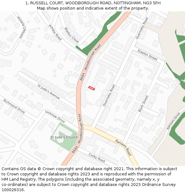 1, RUSSELL COURT, WOODBOROUGH ROAD, NOTTINGHAM, NG3 5FH: Location map and indicative extent of plot