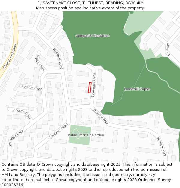 1, SAVERNAKE CLOSE, TILEHURST, READING, RG30 4LY: Location map and indicative extent of plot