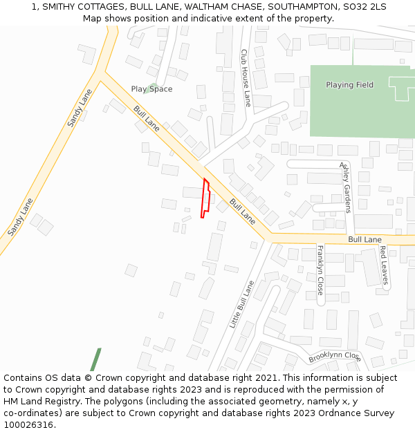 1, SMITHY COTTAGES, BULL LANE, WALTHAM CHASE, SOUTHAMPTON, SO32 2LS: Location map and indicative extent of plot