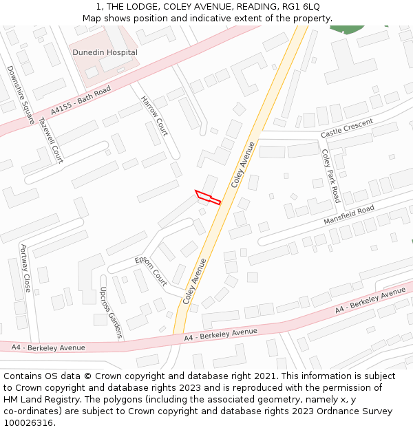 1, THE LODGE, COLEY AVENUE, READING, RG1 6LQ: Location map and indicative extent of plot