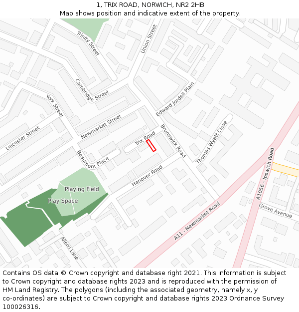 1, TRIX ROAD, NORWICH, NR2 2HB: Location map and indicative extent of plot