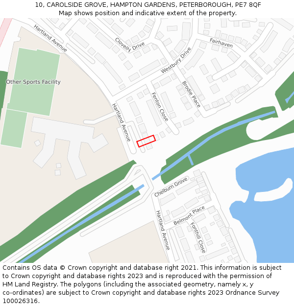 10, CAROLSIDE GROVE, HAMPTON GARDENS, PETERBOROUGH, PE7 8QF: Location map and indicative extent of plot