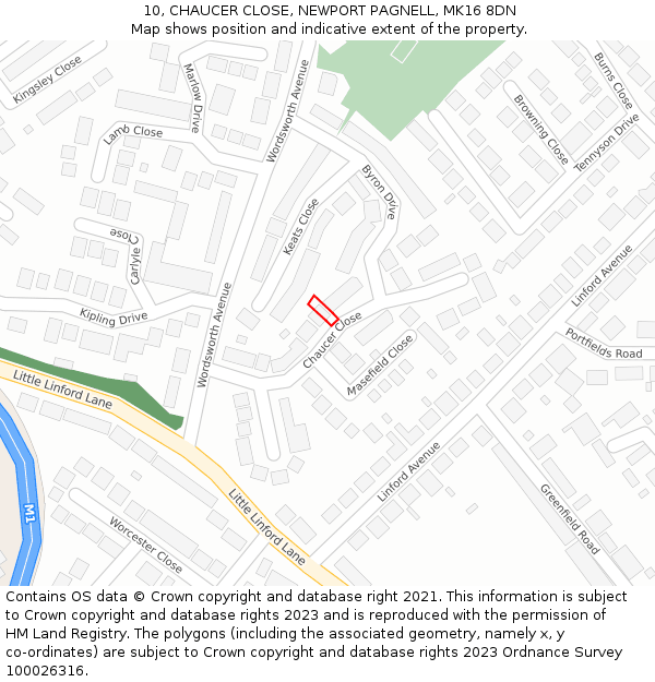 10, CHAUCER CLOSE, NEWPORT PAGNELL, MK16 8DN: Location map and indicative extent of plot