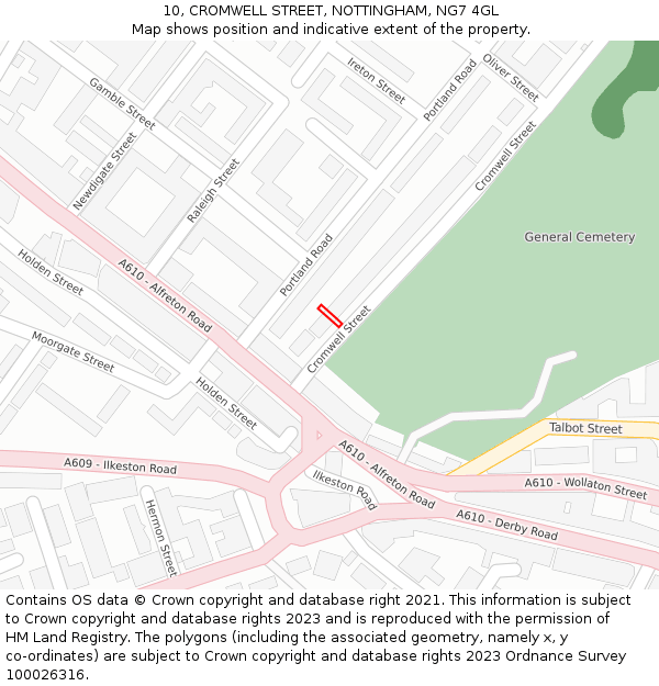 10, CROMWELL STREET, NOTTINGHAM, NG7 4GL: Location map and indicative extent of plot