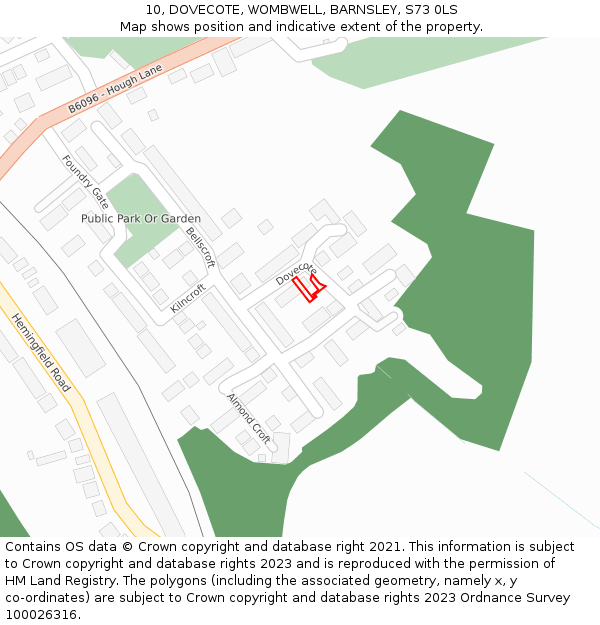 10, DOVECOTE, WOMBWELL, BARNSLEY, S73 0LS: Location map and indicative extent of plot