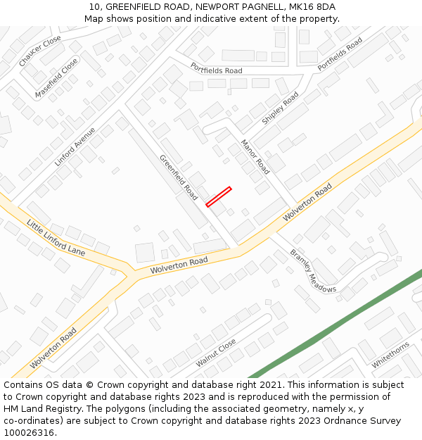 10, GREENFIELD ROAD, NEWPORT PAGNELL, MK16 8DA: Location map and indicative extent of plot