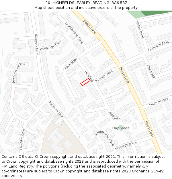10, HIGHFIELDS, EARLEY, READING, RG6 5RZ: Location map and indicative extent of plot