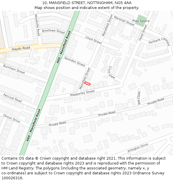 10, MANSFIELD STREET, NOTTINGHAM, NG5 4AA: Location map and indicative extent of plot