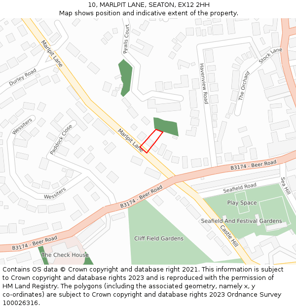 10, MARLPIT LANE, SEATON, EX12 2HH: Location map and indicative extent of plot