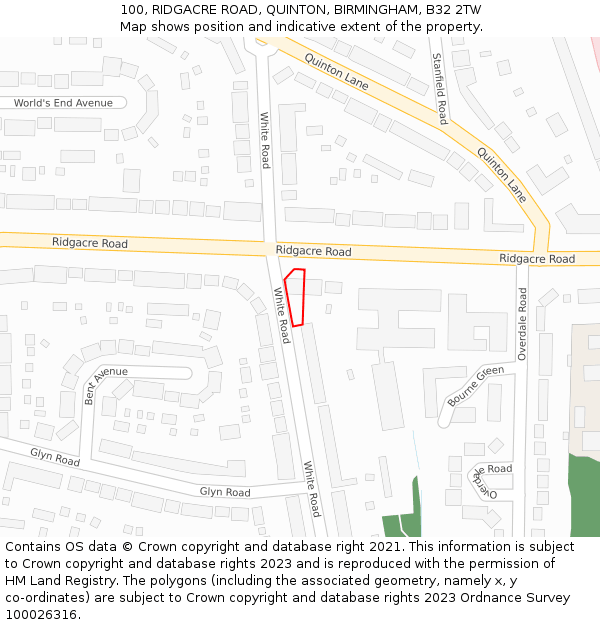 100, RIDGACRE ROAD, QUINTON, BIRMINGHAM, B32 2TW: Location map and indicative extent of plot