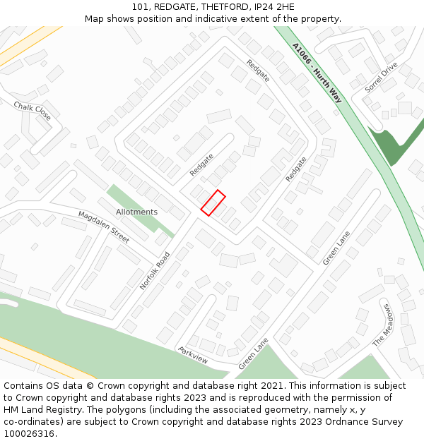 101, REDGATE, THETFORD, IP24 2HE: Location map and indicative extent of plot