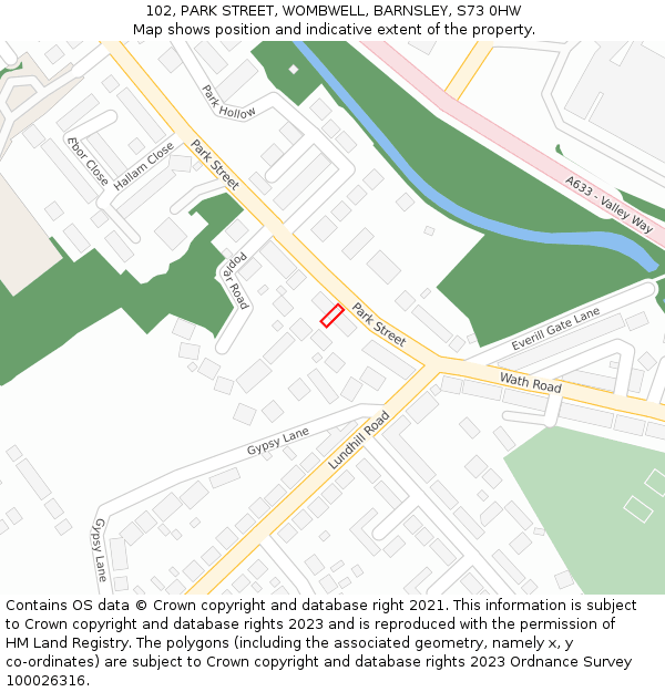 102, PARK STREET, WOMBWELL, BARNSLEY, S73 0HW: Location map and indicative extent of plot