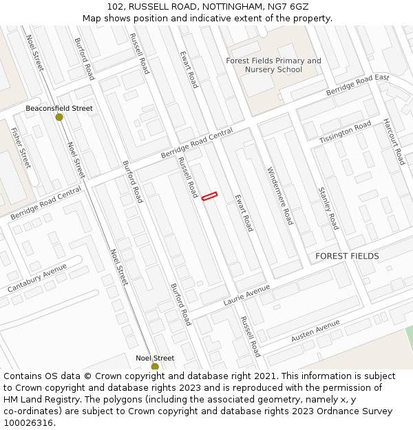 102, RUSSELL ROAD, NOTTINGHAM, NG7 6GZ: Location map and indicative extent of plot
