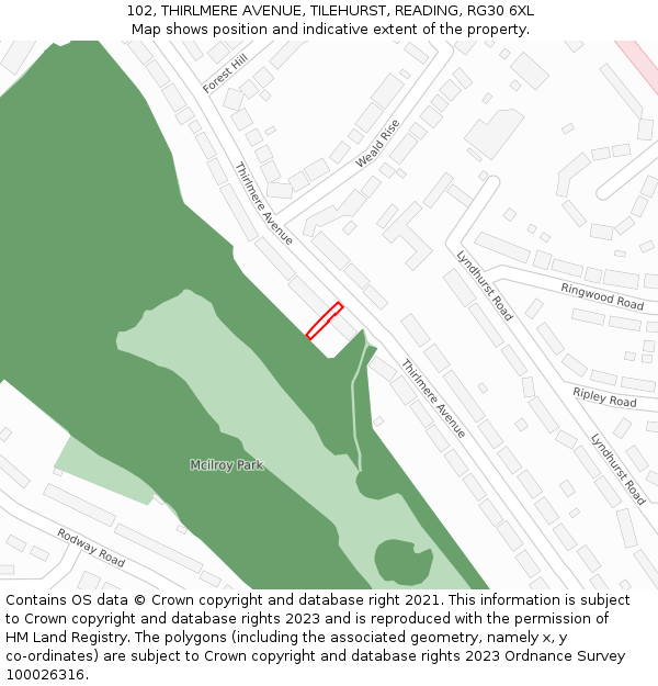 102, THIRLMERE AVENUE, TILEHURST, READING, RG30 6XL: Location map and indicative extent of plot