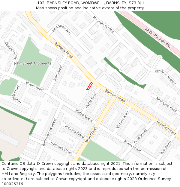 103, BARNSLEY ROAD, WOMBWELL, BARNSLEY, S73 8JH: Location map and indicative extent of plot