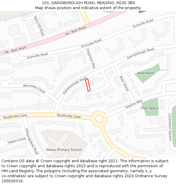 103, GAINSBOROUGH ROAD, READING, RG30 3BS: Location map and indicative extent of plot