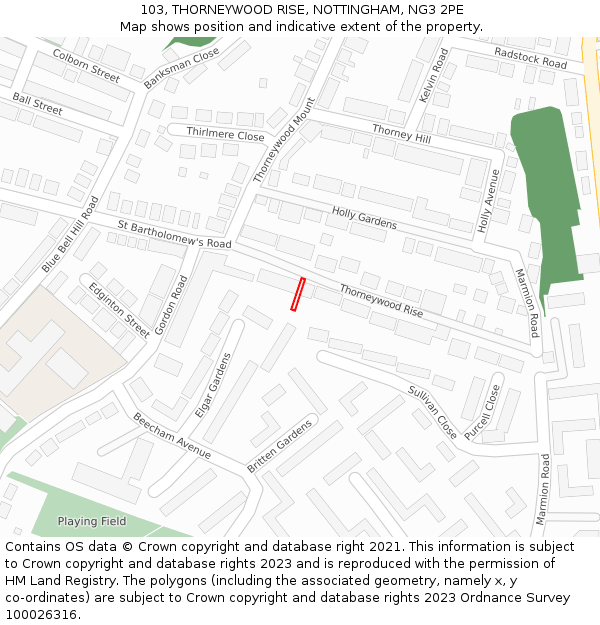 103, THORNEYWOOD RISE, NOTTINGHAM, NG3 2PE: Location map and indicative extent of plot