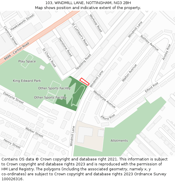 103, WINDMILL LANE, NOTTINGHAM, NG3 2BH: Location map and indicative extent of plot