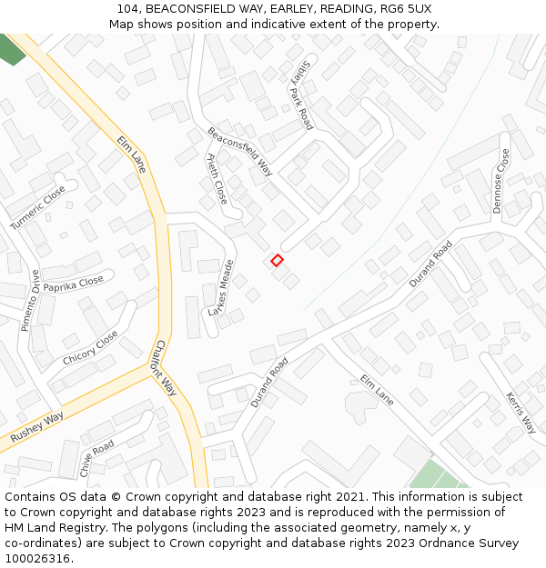 104, BEACONSFIELD WAY, EARLEY, READING, RG6 5UX: Location map and indicative extent of plot