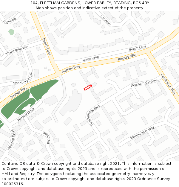 104, FLEETHAM GARDENS, LOWER EARLEY, READING, RG6 4BY: Location map and indicative extent of plot