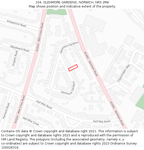 104, GLENMORE GARDENS, NORWICH, NR3 2RW: Location map and indicative extent of plot