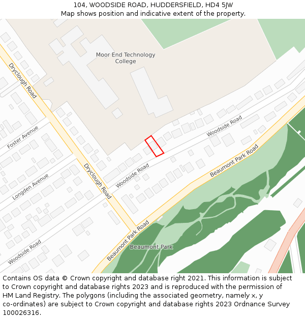 104, WOODSIDE ROAD, HUDDERSFIELD, HD4 5JW: Location map and indicative extent of plot