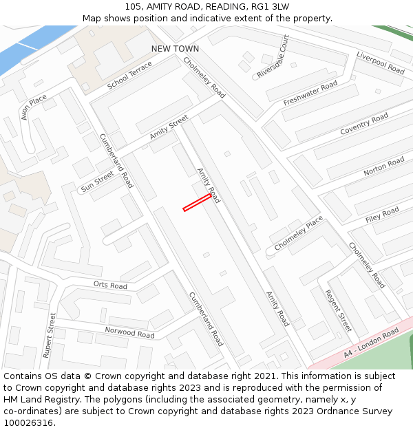105, AMITY ROAD, READING, RG1 3LW: Location map and indicative extent of plot