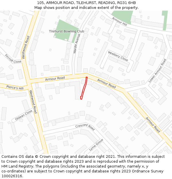 105, ARMOUR ROAD, TILEHURST, READING, RG31 6HB: Location map and indicative extent of plot