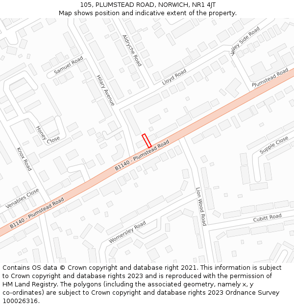 105, PLUMSTEAD ROAD, NORWICH, NR1 4JT: Location map and indicative extent of plot