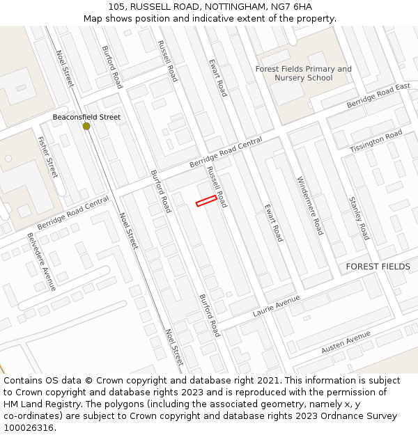 105, RUSSELL ROAD, NOTTINGHAM, NG7 6HA: Location map and indicative extent of plot