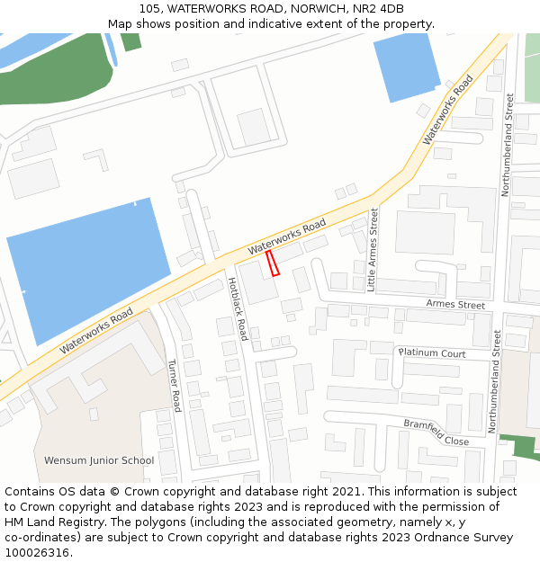 105, WATERWORKS ROAD, NORWICH, NR2 4DB: Location map and indicative extent of plot