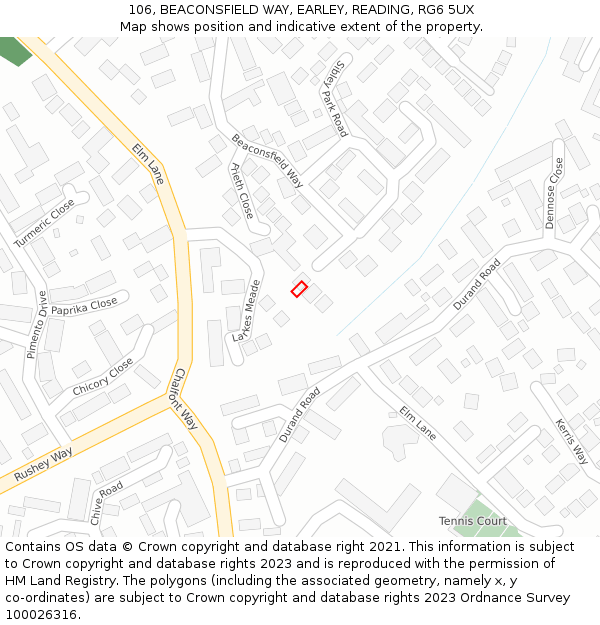 106, BEACONSFIELD WAY, EARLEY, READING, RG6 5UX: Location map and indicative extent of plot