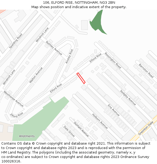 106, ELFORD RISE, NOTTINGHAM, NG3 2BN: Location map and indicative extent of plot