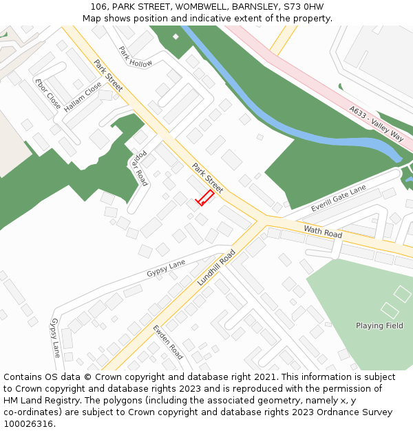 106, PARK STREET, WOMBWELL, BARNSLEY, S73 0HW: Location map and indicative extent of plot