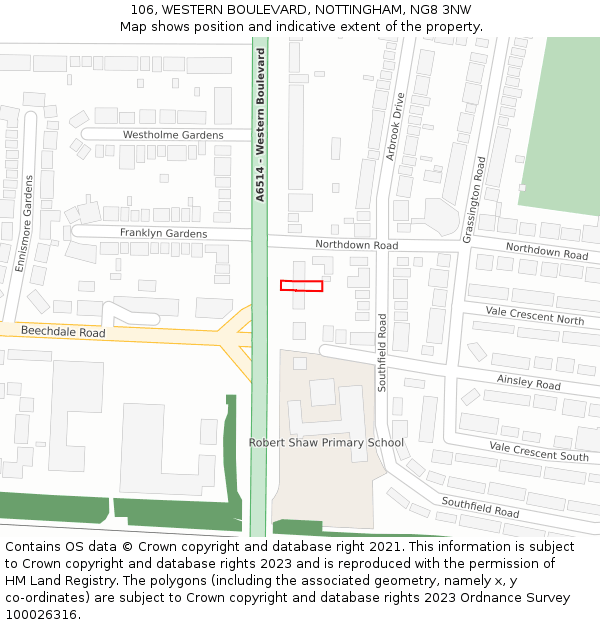 106, WESTERN BOULEVARD, NOTTINGHAM, NG8 3NW: Location map and indicative extent of plot