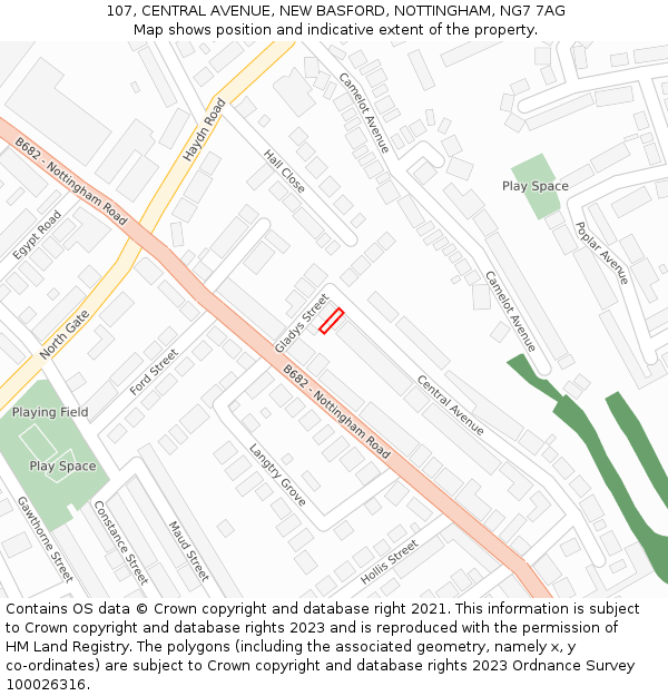 107, CENTRAL AVENUE, NEW BASFORD, NOTTINGHAM, NG7 7AG: Location map and indicative extent of plot