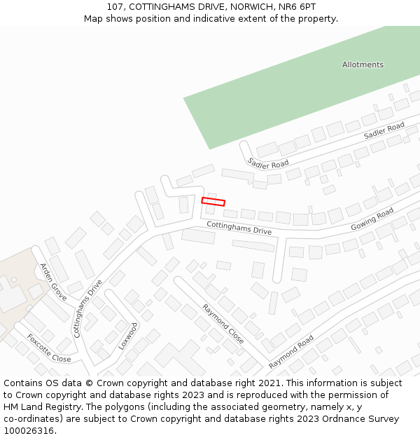 107, COTTINGHAMS DRIVE, NORWICH, NR6 6PT: Location map and indicative extent of plot