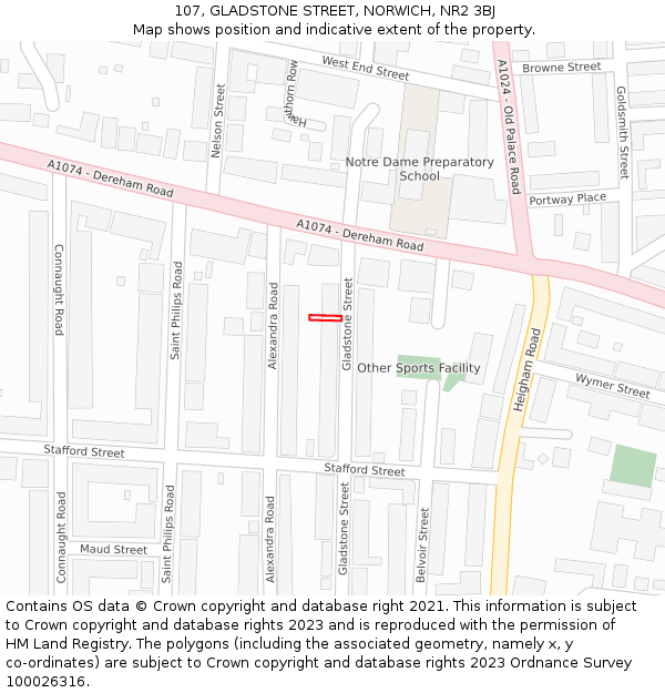 107, GLADSTONE STREET, NORWICH, NR2 3BJ: Location map and indicative extent of plot