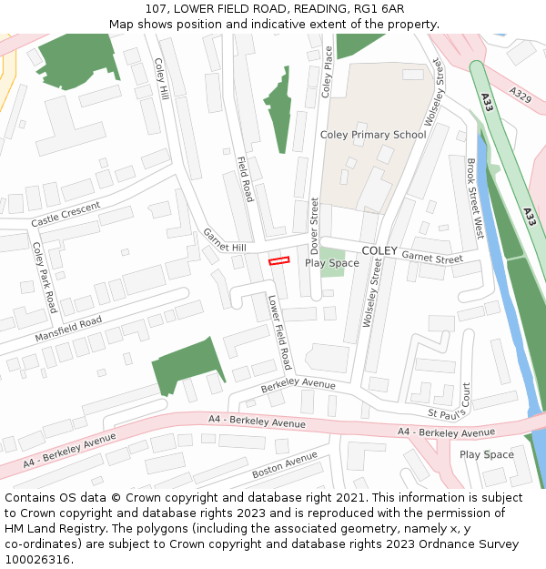 107, LOWER FIELD ROAD, READING, RG1 6AR: Location map and indicative extent of plot