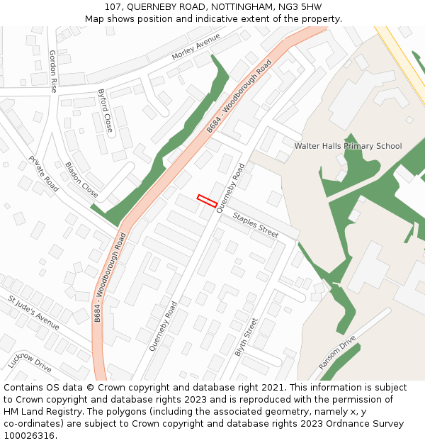 107, QUERNEBY ROAD, NOTTINGHAM, NG3 5HW: Location map and indicative extent of plot