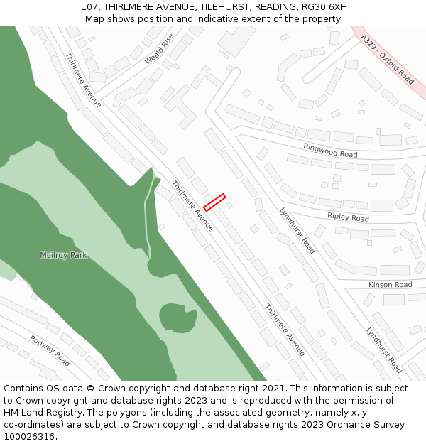 107, THIRLMERE AVENUE, TILEHURST, READING, RG30 6XH: Location map and indicative extent of plot