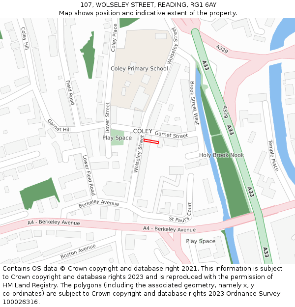 107, WOLSELEY STREET, READING, RG1 6AY: Location map and indicative extent of plot