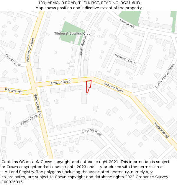 109, ARMOUR ROAD, TILEHURST, READING, RG31 6HB: Location map and indicative extent of plot