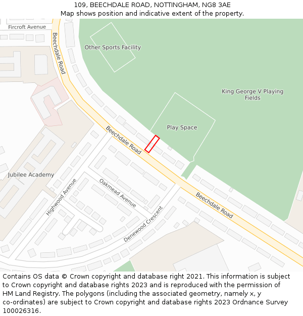 109, BEECHDALE ROAD, NOTTINGHAM, NG8 3AE: Location map and indicative extent of plot